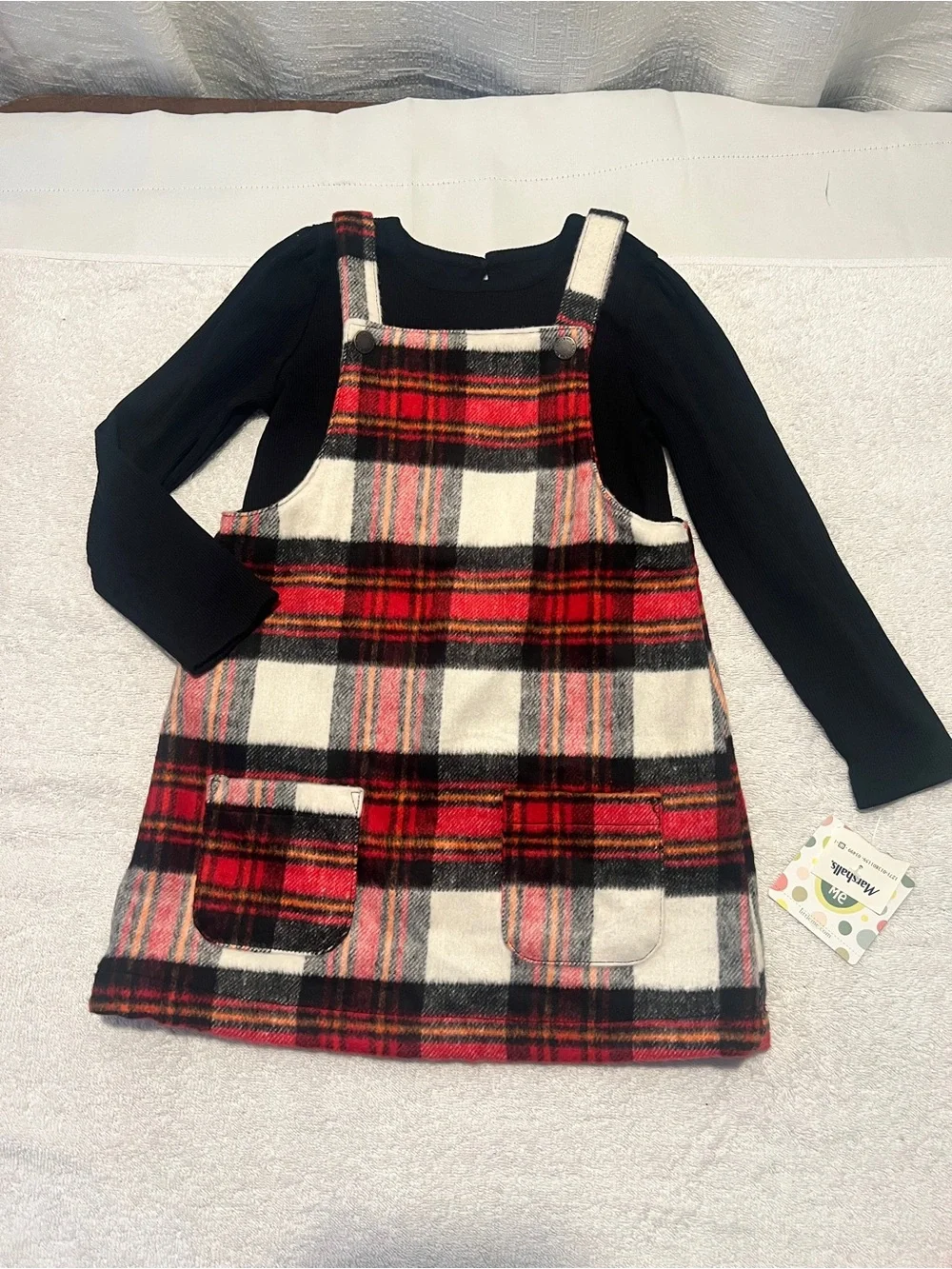 Little Me Red Black Cream Plaid Pinafore Dress Set Size 4